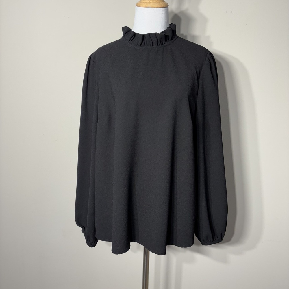 J Crew Blouse Top Womens‎ Large Black Ruffle Neck 365 Crepe Long Sleeve Office L